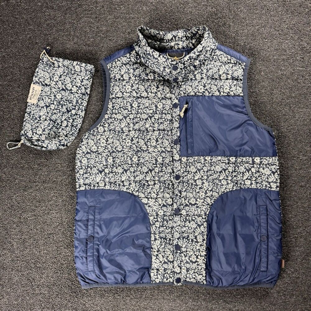 Burton Women's Evergreen Down Insulated Vest Blue Floral Button Up 650 Fill